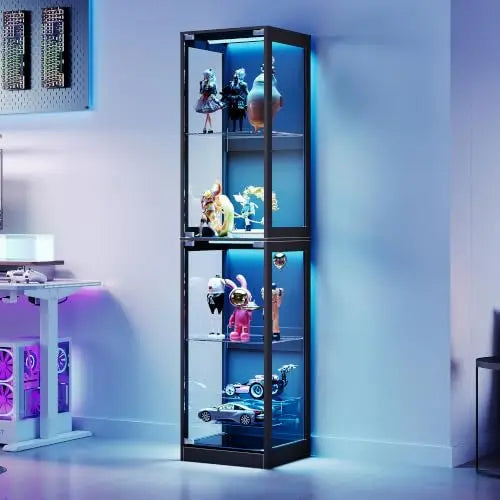 RGB Display Cabinet with Adjustable Glass Shelves, 4-Tier Storage Case with LED Lights & Press-to-Open Doors, Modern