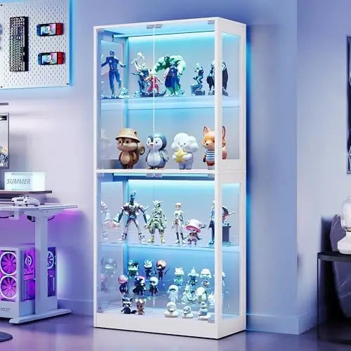 RGB Display Cabinet with Adjustable Glass Shelves, 4-Tier Storage Case with LED Lights & Press-to-Open Doors, Modern