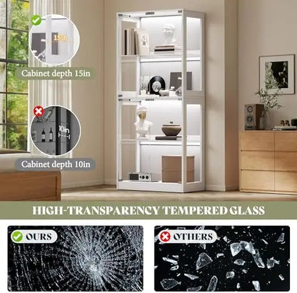 RGB Display Cabinet with Adjustable Glass Shelves, 4-Tier Storage Case with LED Lights & Press-to-Open Doors, Modern