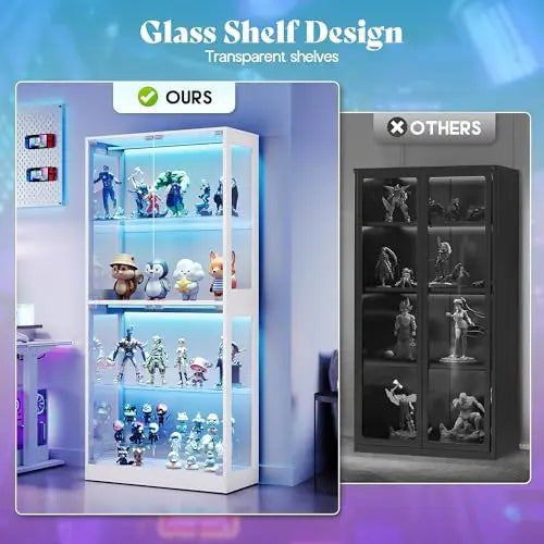 RGB Display Cabinet with Adjustable Glass Shelves, 4-Tier Storage Case with LED Lights & Press-to-Open Doors, Modern