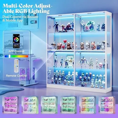 RGB Display Cabinet with Adjustable Glass Shelves, 4-Tier Storage Case with LED Lights & Press-to-Open Doors, Modern