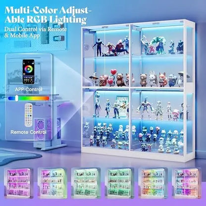 RGB Display Cabinet with Adjustable Glass Shelves, 4-Tier Storage Case with LED Lights & Press-to-Open Doors, Modern