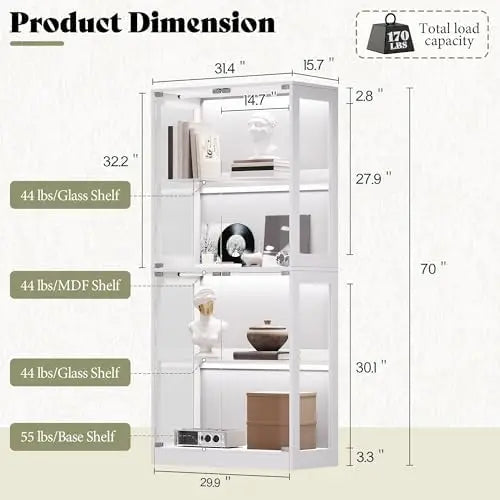 RGB Display Cabinet with Adjustable Glass Shelves, 4-Tier Storage Case with LED Lights & Press-to-Open Doors, Modern