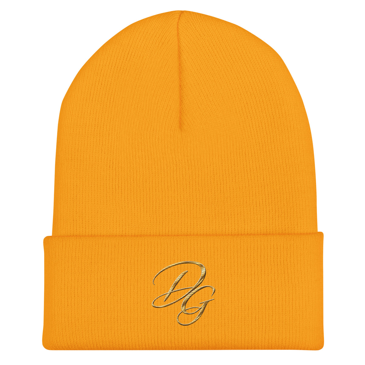 Embroidered Cuffed Beanie Hat, in Gold, front view