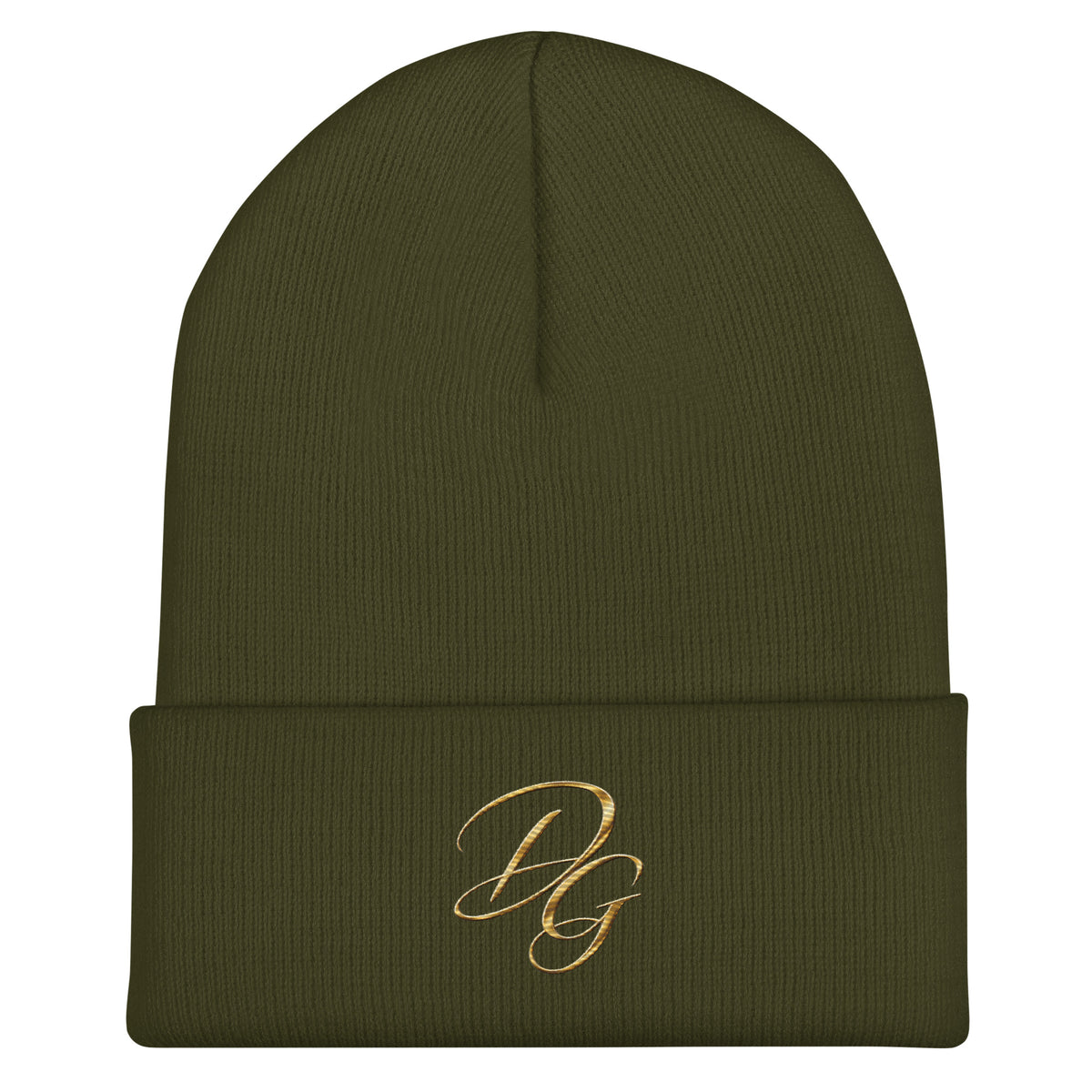 Embroidered Cuffed Beanie Hat, in Olive, front view