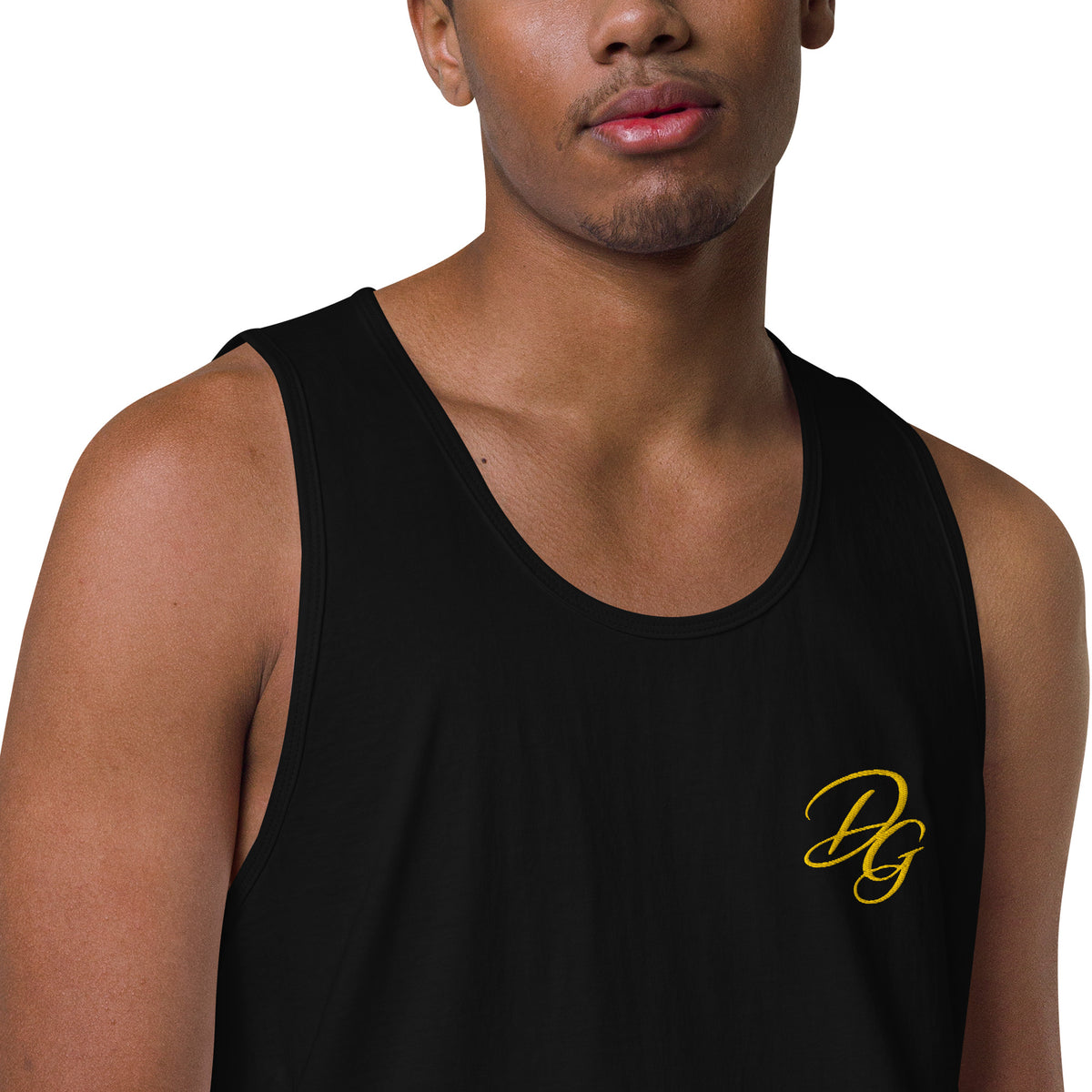 Men’s Premium Cotton Tank Top, in Black, close-up view