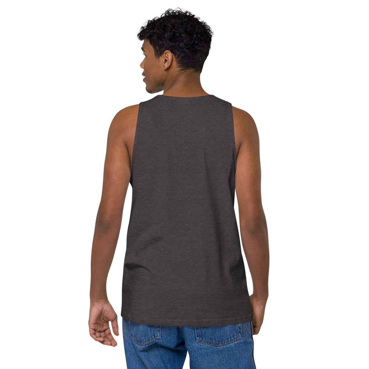 Men’s Premium Cotton Tank Top, in Charcoal Heather, back view