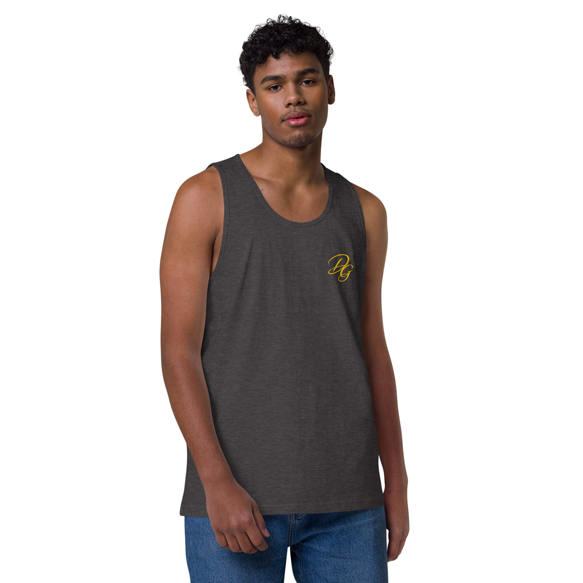Men’s Premium Cotton Tank Top, in Charcoal Heather, front view