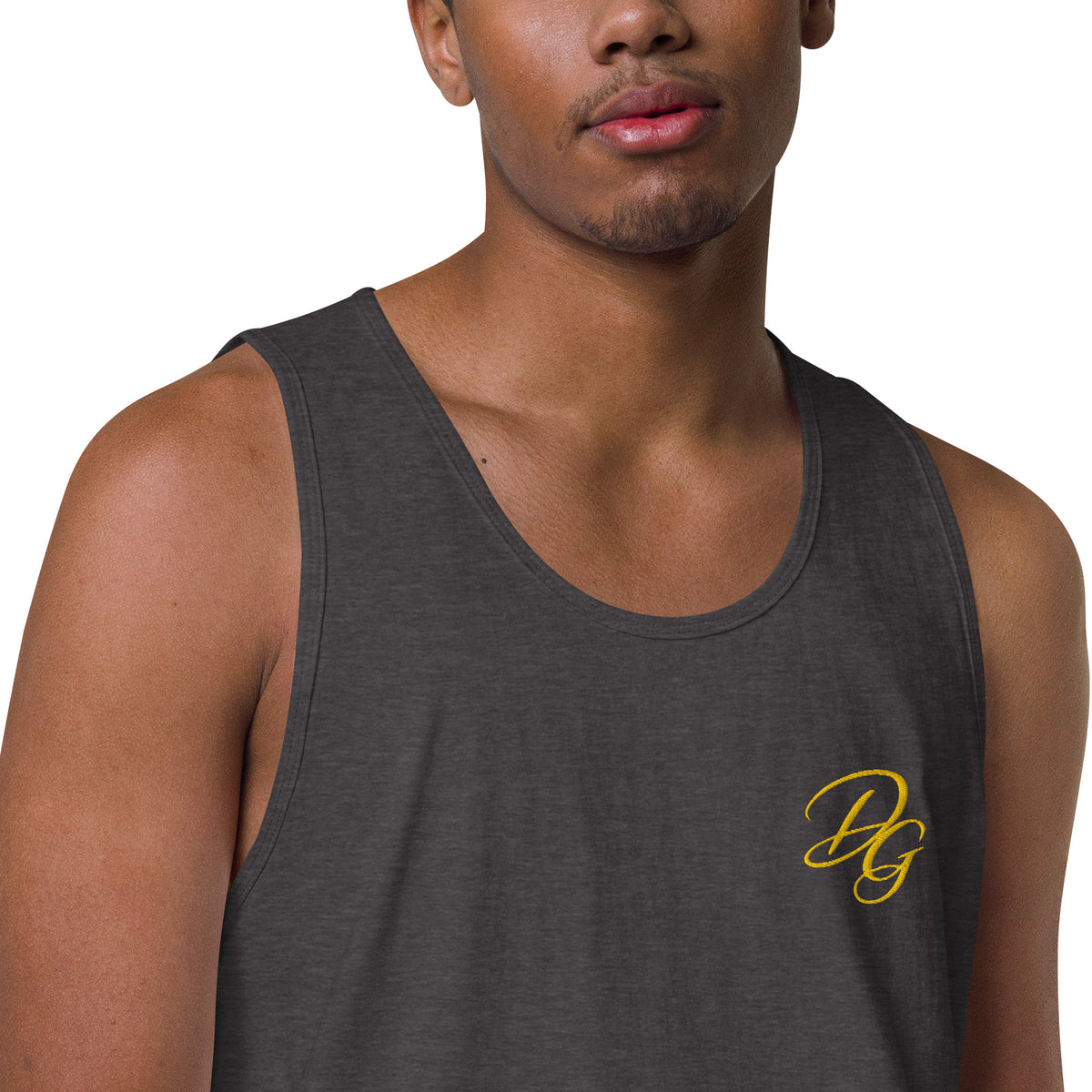 Men’s Premium Cotton Tank Top, in Charcoal Heather, close-up view