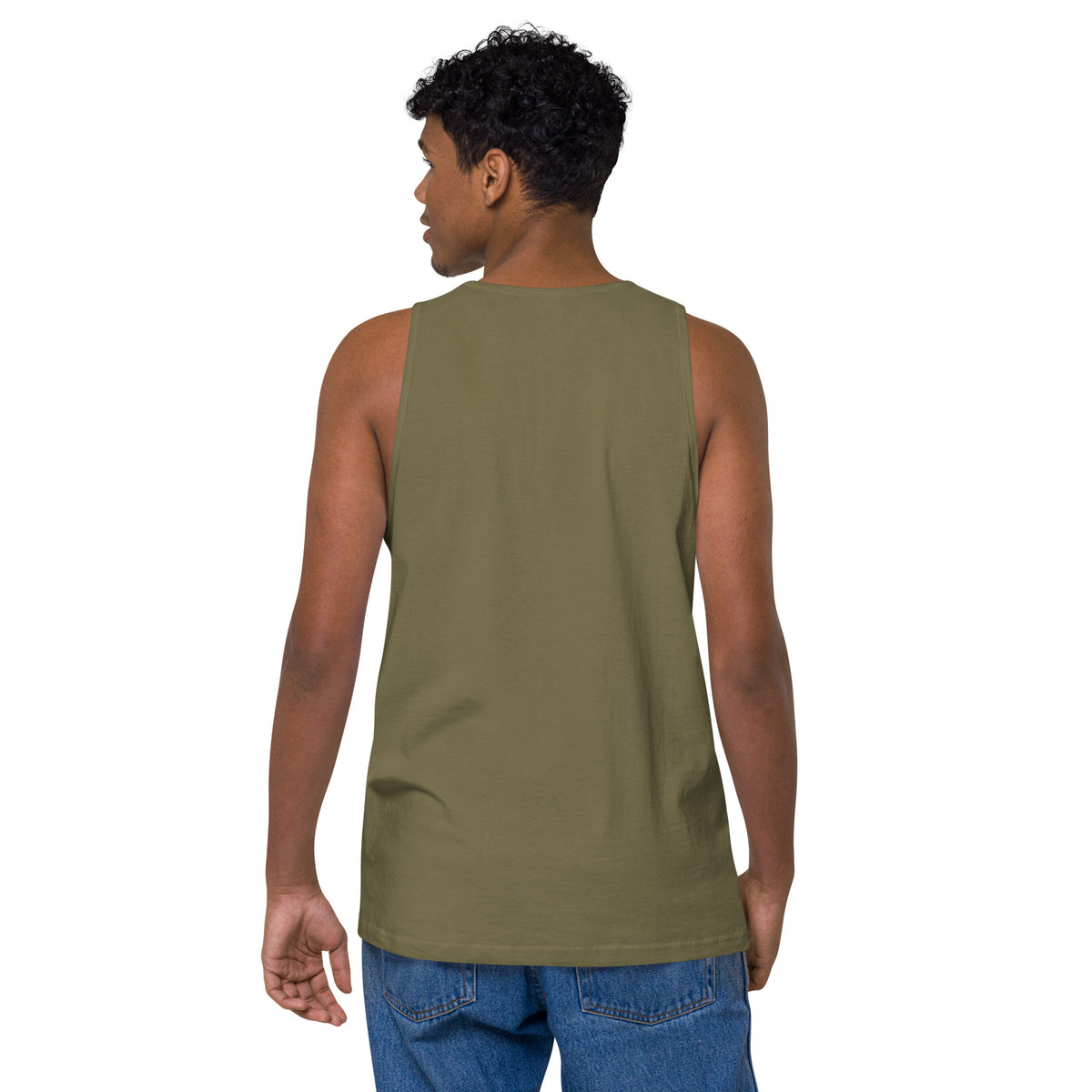 Men’s Premium Cotton Tank Top, in Military Green, back view