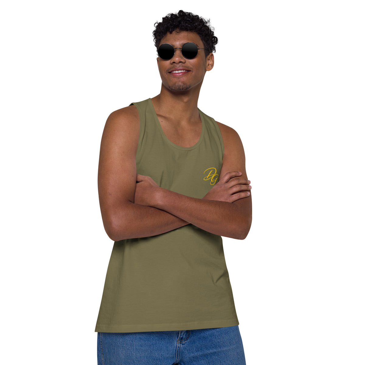 Men’s Premium Cotton Tank Top, in Military Green, alternate front view