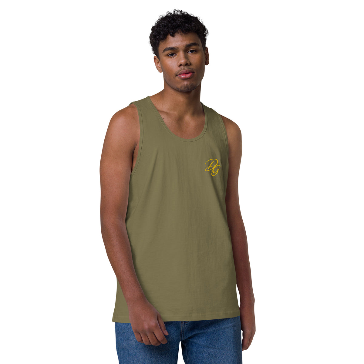 Men’s Premium Cotton Tank Top, in Military Green, front view