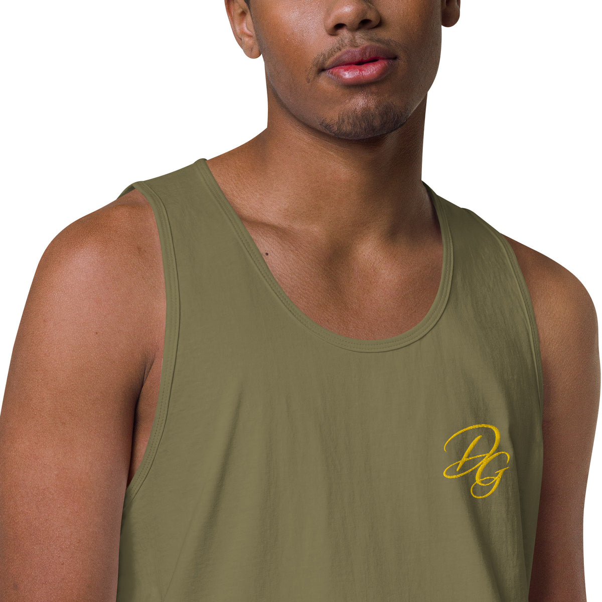 Men’s Premium Cotton Tank Top, in Military Green, close-up view
