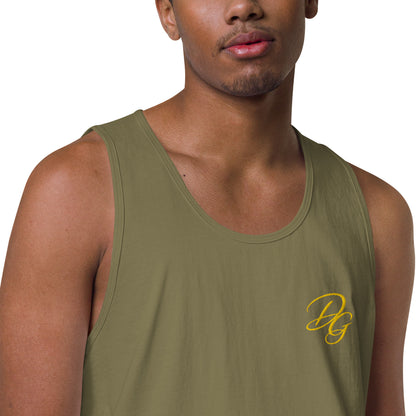 Men’s Premium Cotton Tank Top, in Military Green, close-up view
