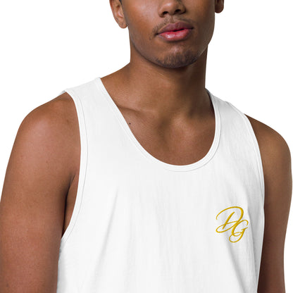 Men’s Premium Cotton Tank Top, in White, close-up view