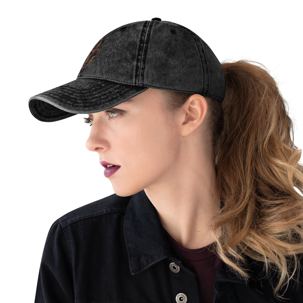 Vintage Embroidered Cotton Cap, in Black, left view