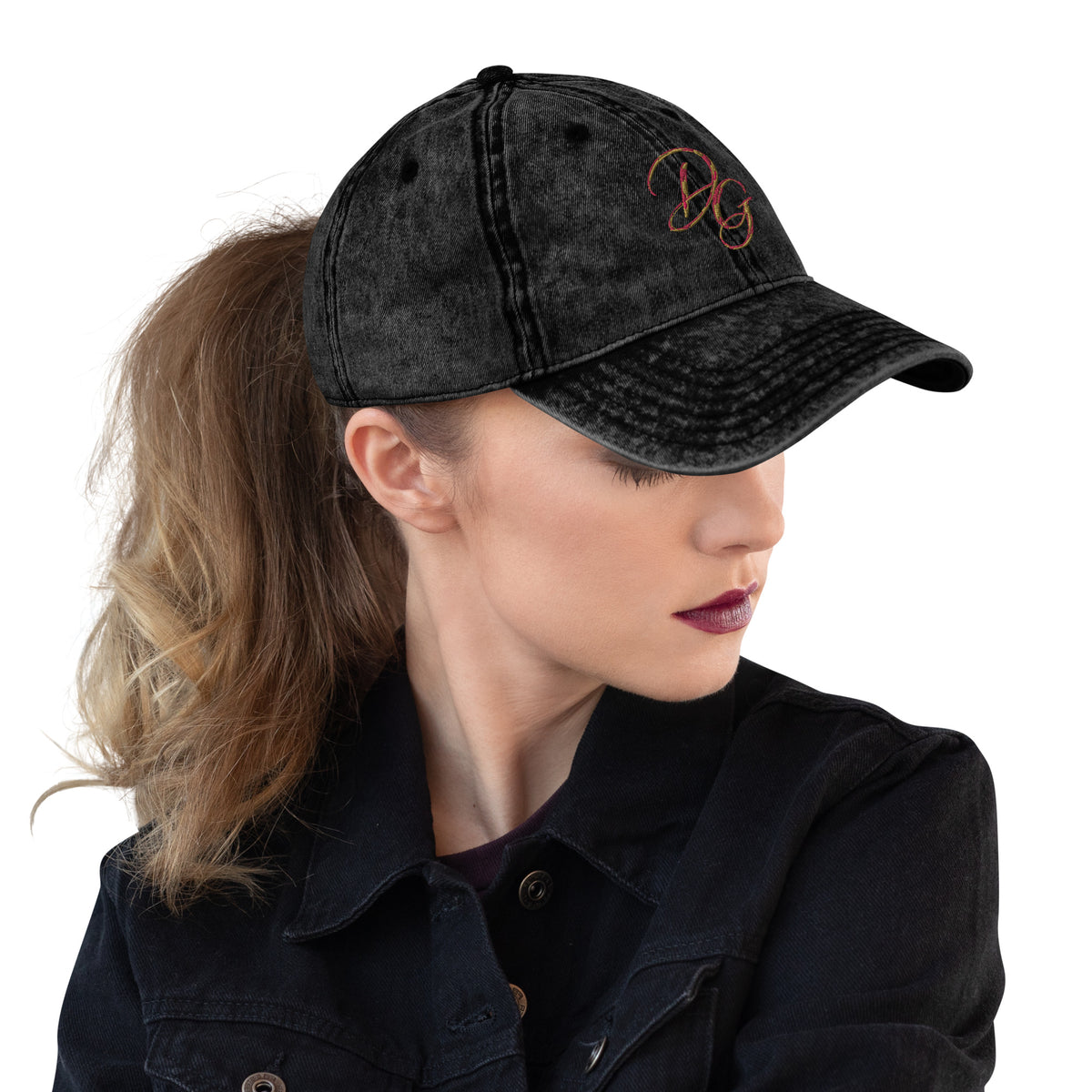 Vintage Embroidered Cotton Cap, in Black, right-front view