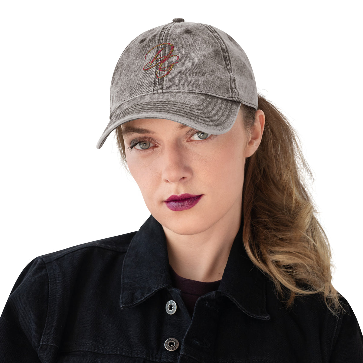 Vintage Embroidered Cotton Cap, in Charcoal Grey, front view
