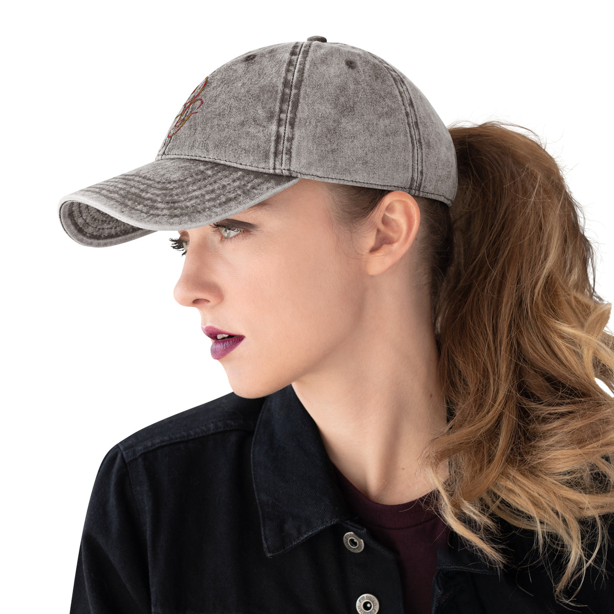 Vintage Embroidered Cotton Cap, in Charcoal Grey, left view