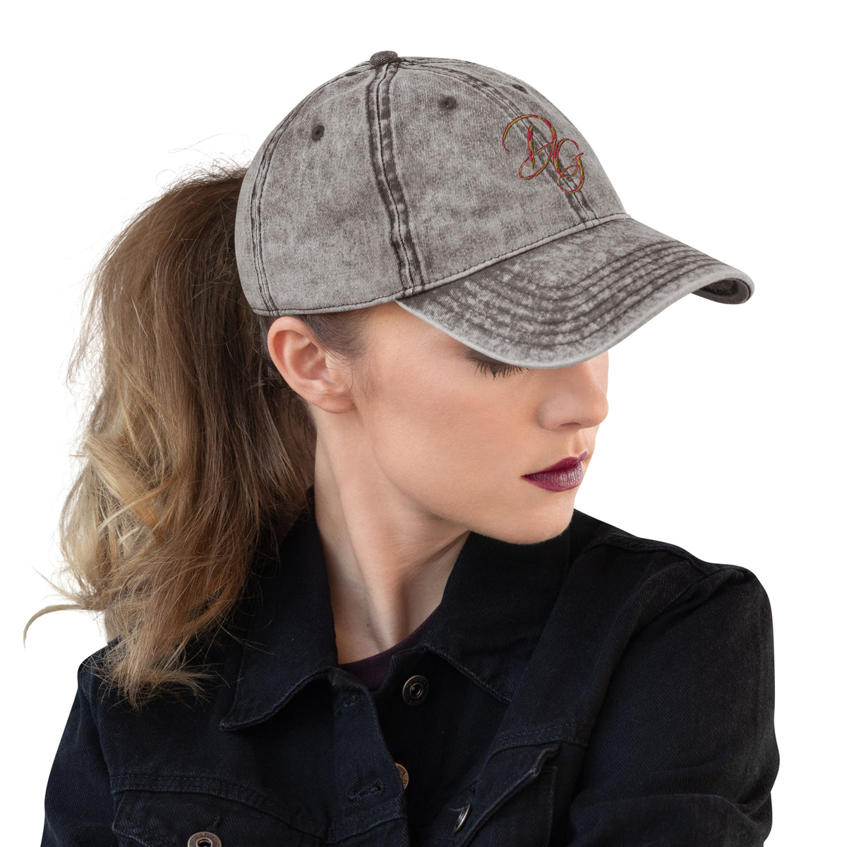 Vintage Embroidered Cotton Cap, in Charcoal Grey, right-front view