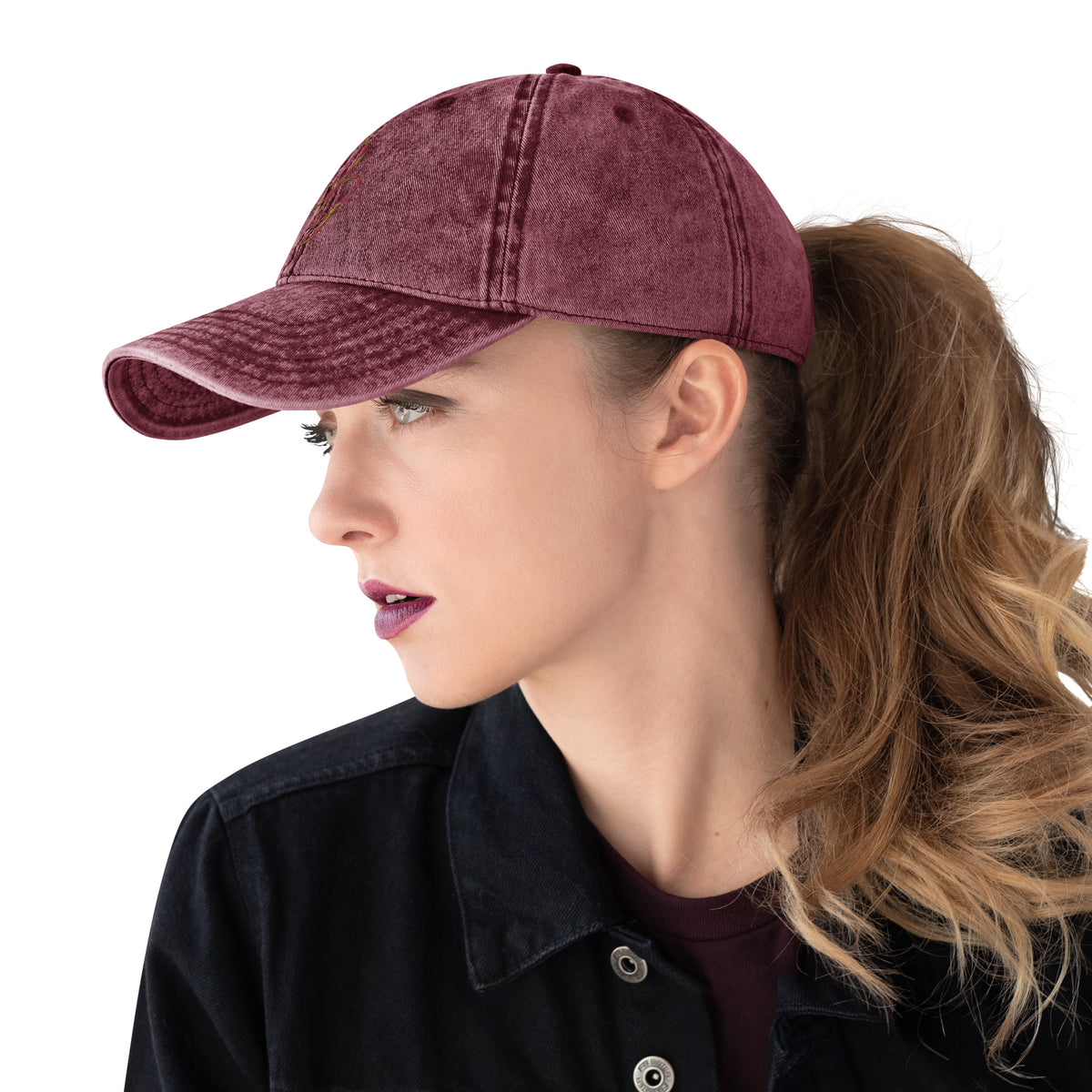 Vintage Embroidered Cotton Cap, in Maroon, left view