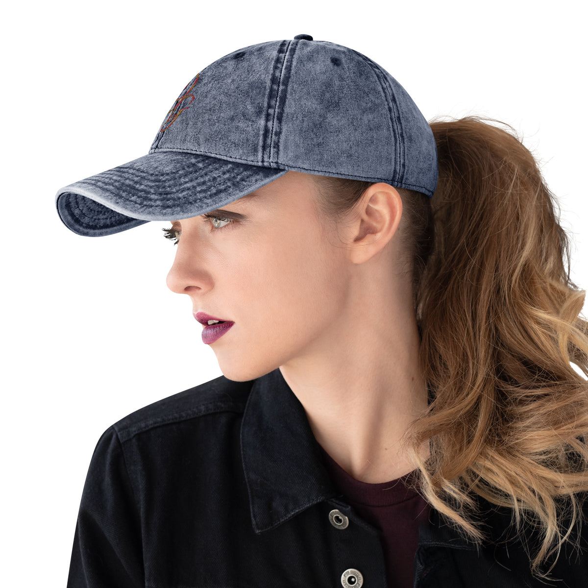 Vintage Embroidered Cotton Cap, in Navy, left view