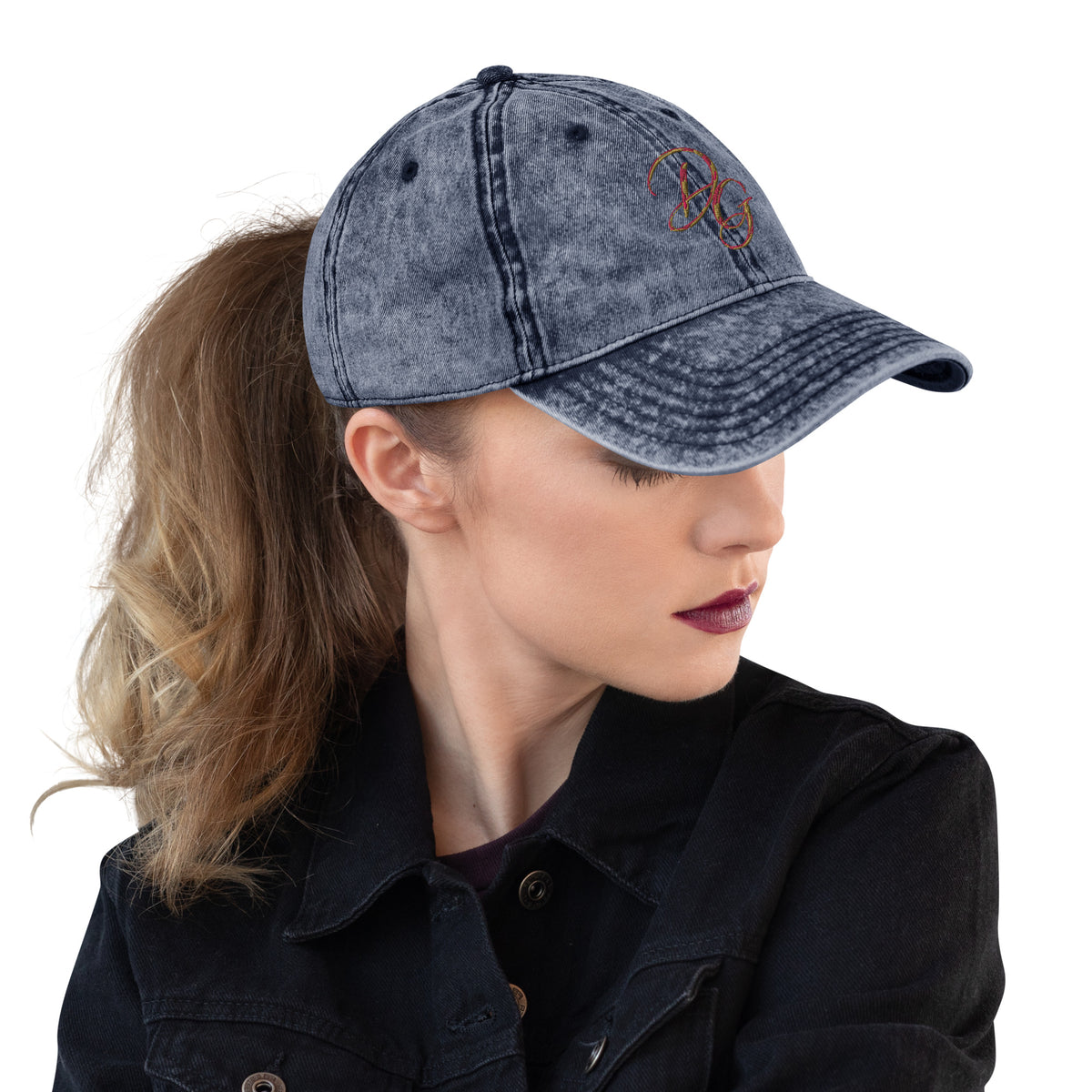 Vintage Embroidered Cotton Cap, in Navy, right-front view
