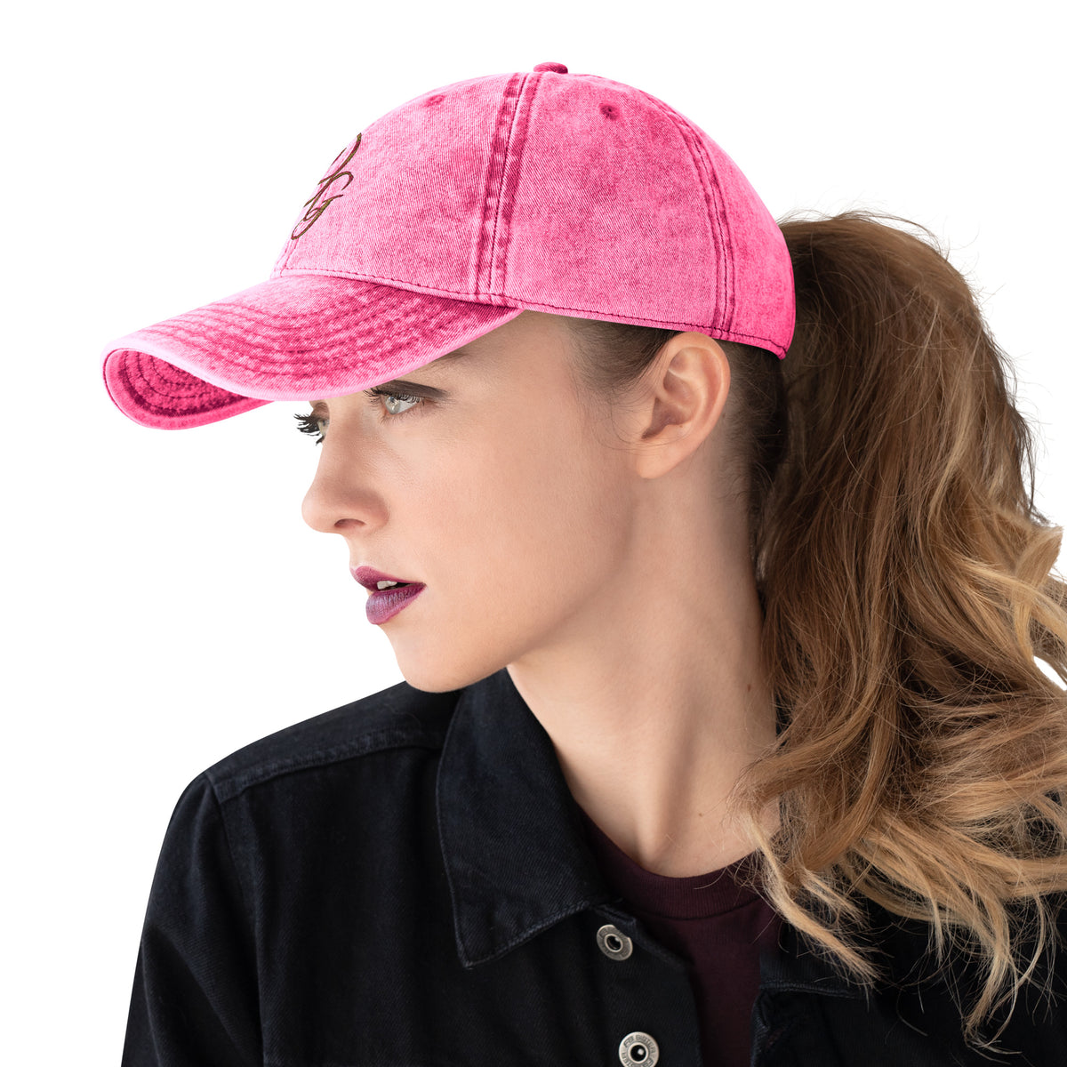 Vintage Embroidered Cotton Cap, in Pink, left view