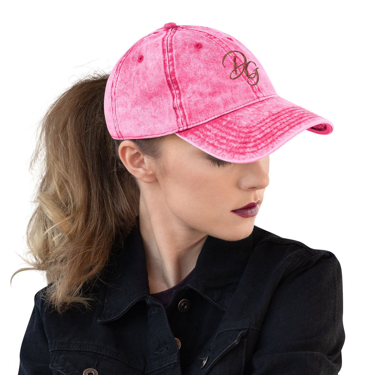 Vintage Embroidered Cotton Cap, in Pink, right-front view