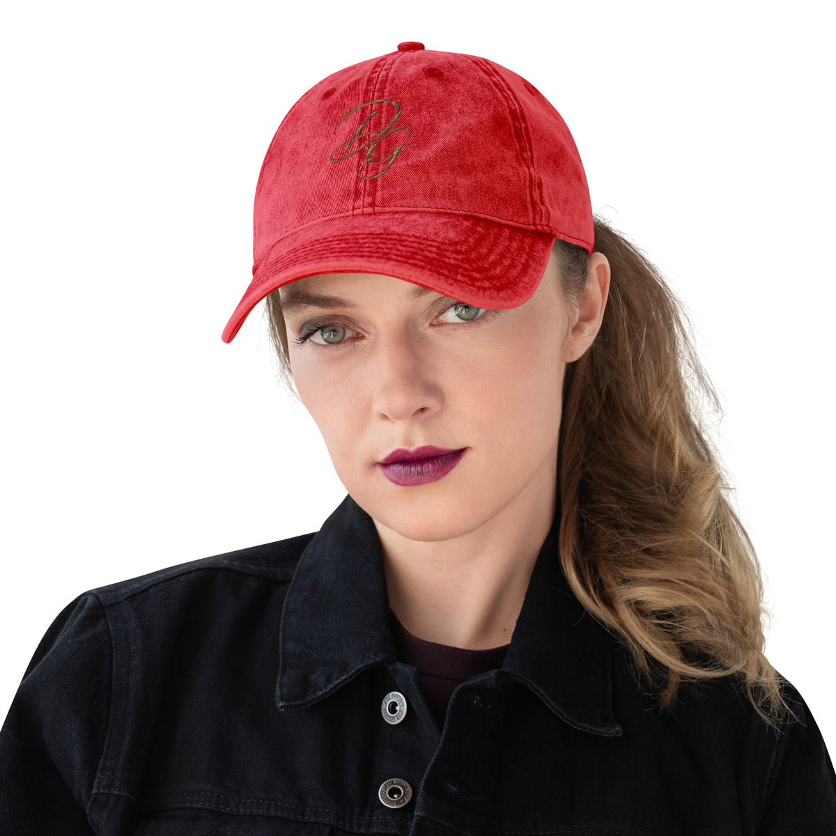 Vintage Embroidered Cotton Cap, in Red, front view