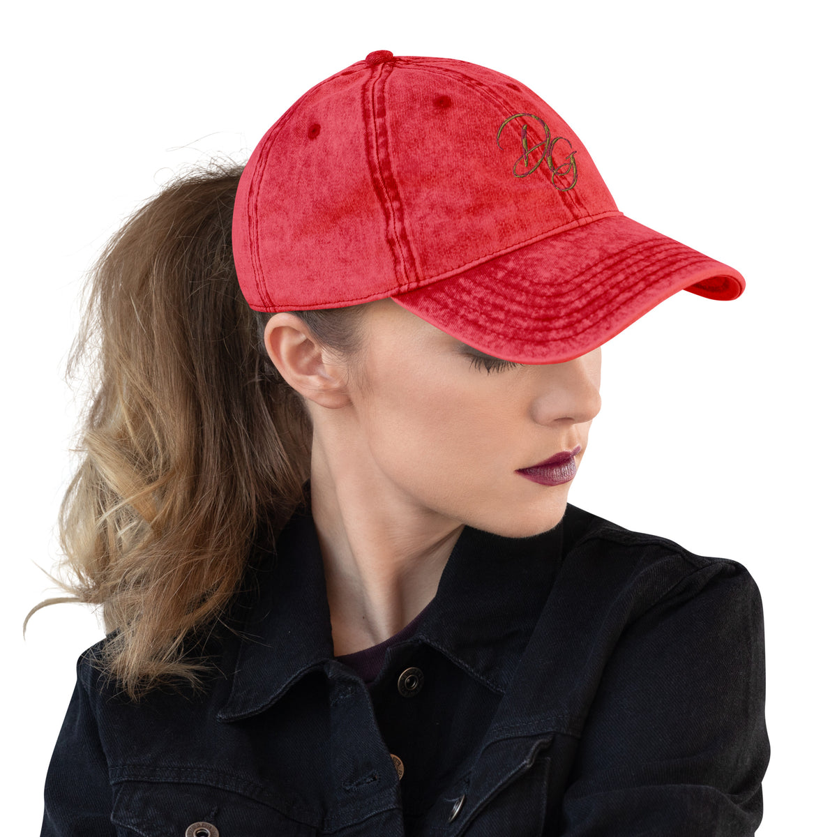 Vintage Embroidered Cotton Cap, in Red, right-front view